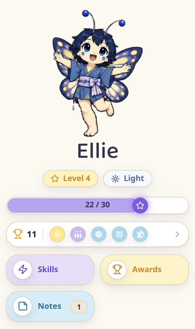 Ellie's card open, with Skills, Awards and Notes under her character