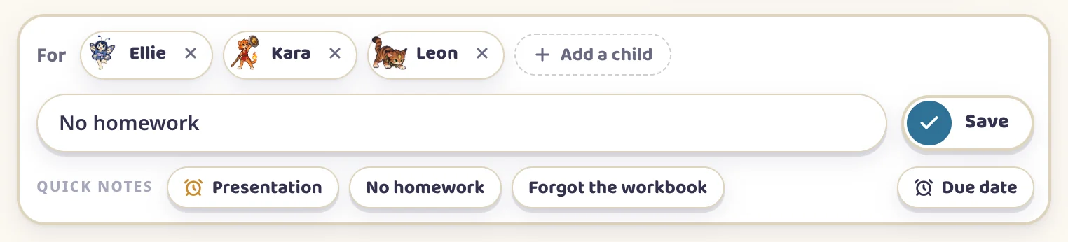 The write line with Ellie, Kara and Leon picked and the words No homework
