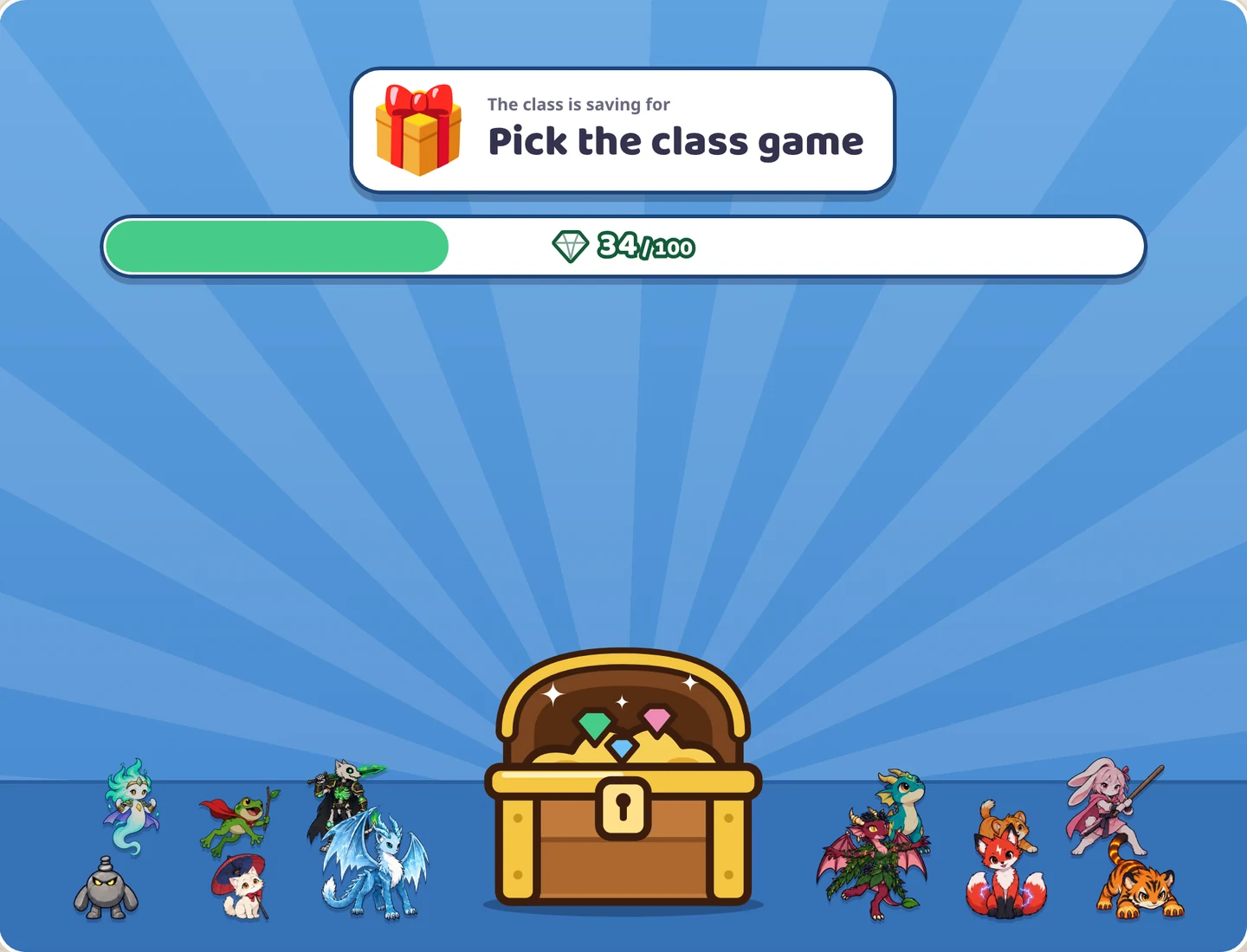 A Class chest: the class is saving for Pick the class game and has 34 of 100 gems, with the students standing round the open chest