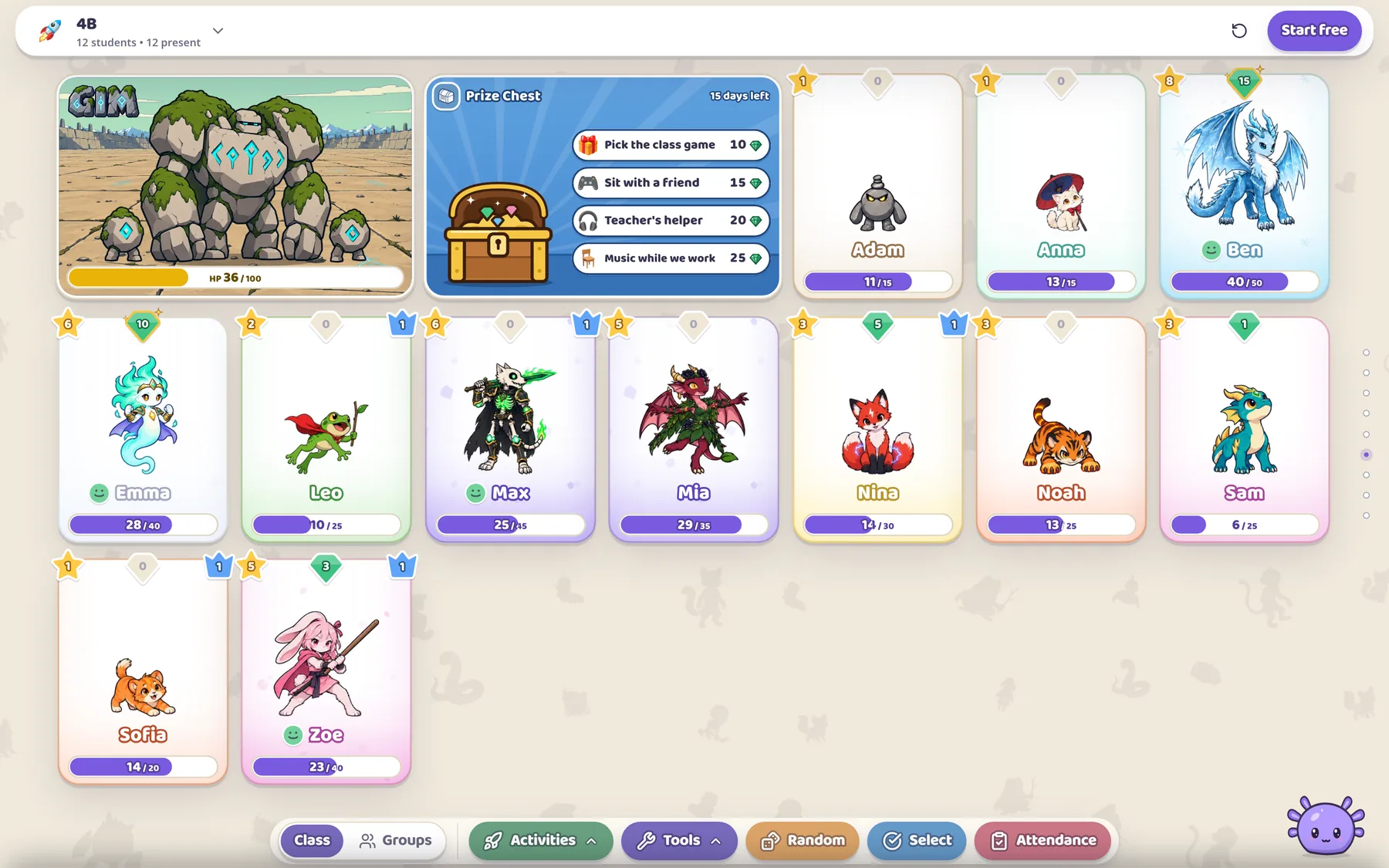 The class screen with the Prize Chest card listing four prizes, and a green gem with a number on the top edge of each student's card