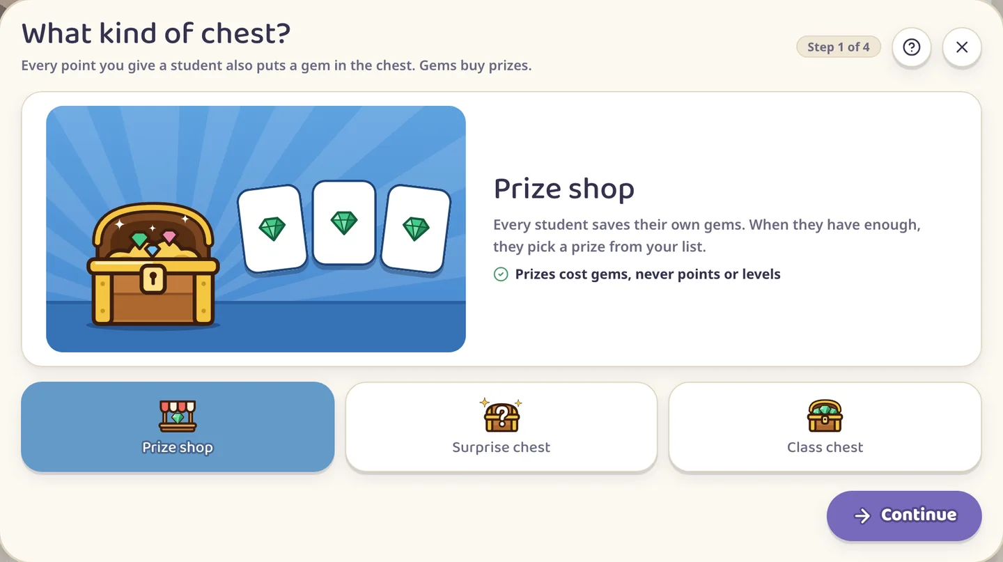 The first question, What kind of chest?, with Prize shop chosen and Surprise chest and Class chest beside it