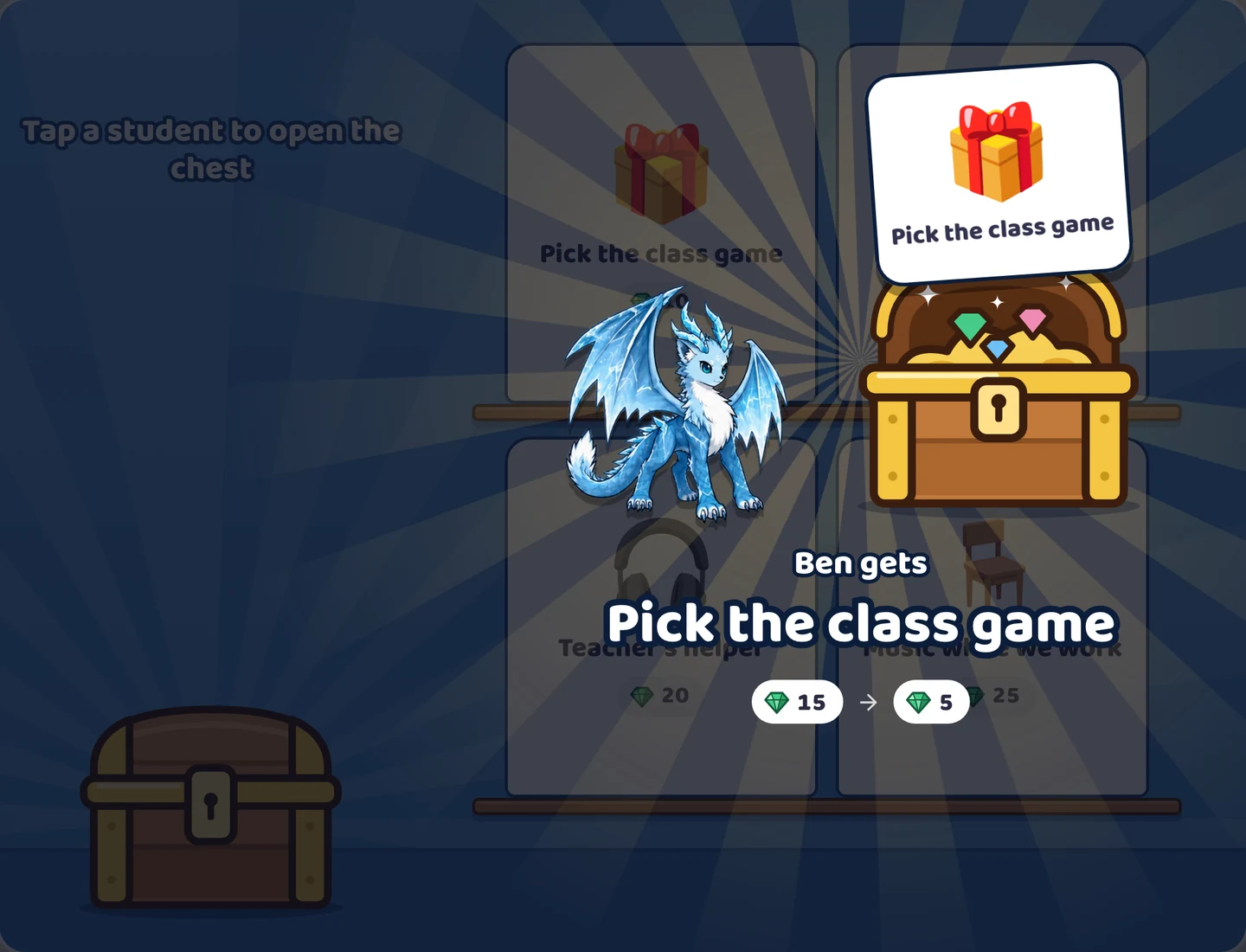 Ben and the open chest under the card Pick the class game, with the words Ben gets Pick the class game and his gems going from 15 to 5