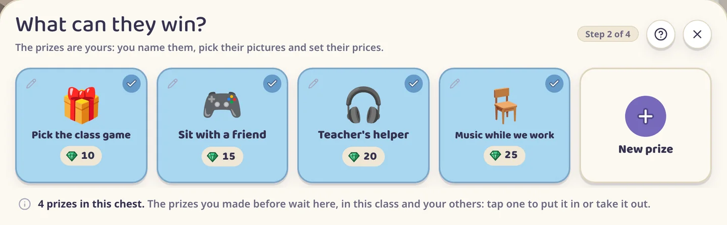 What can they win? Four prizes: Pick the class game for 10 gems, Sit with a friend for 15, Teacher's helper for 20 and Music while we work for 25
