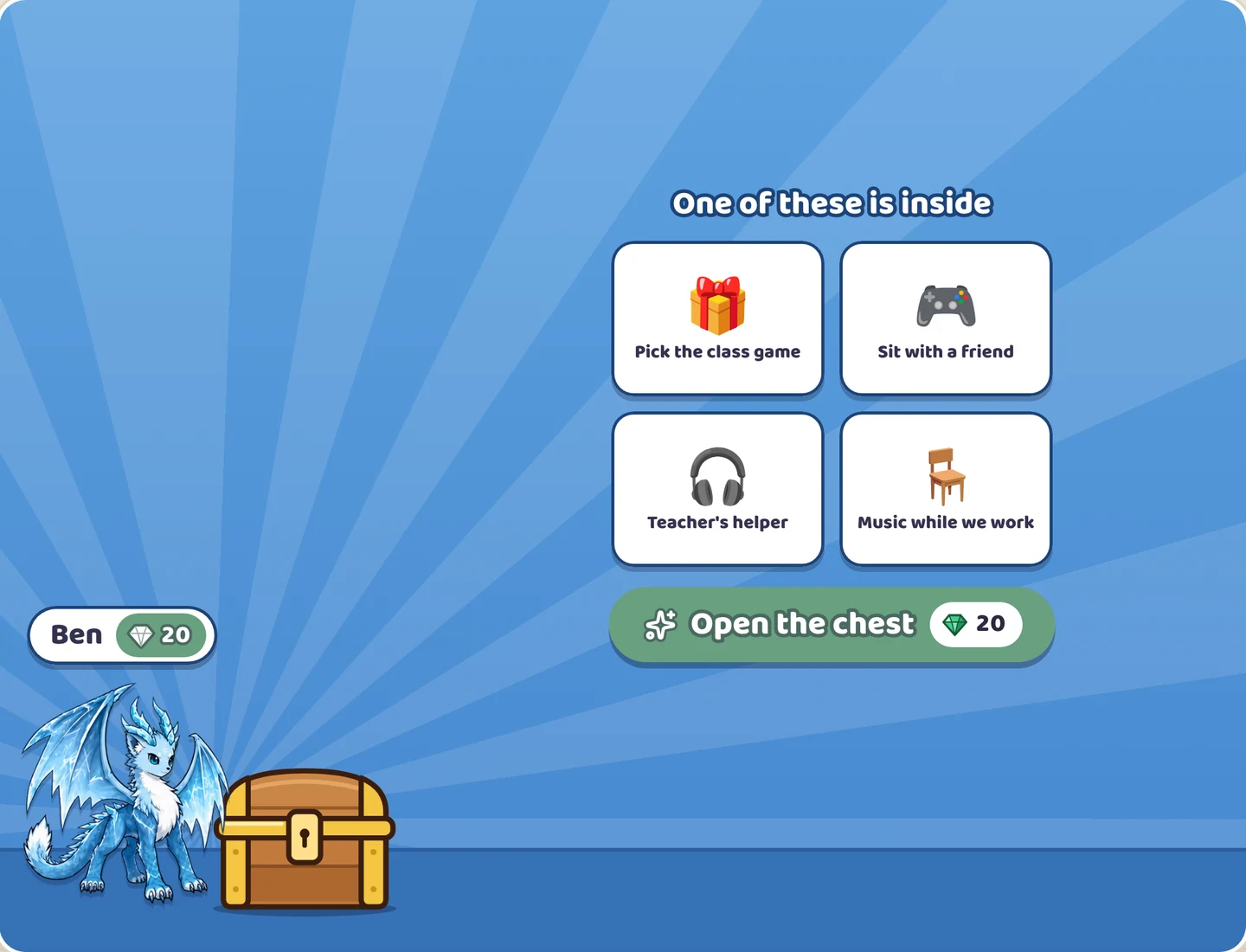 A Surprise chest: four prizes under the words One of these is inside, the button Open the chest for 20 gems, and Ben with 20 gems