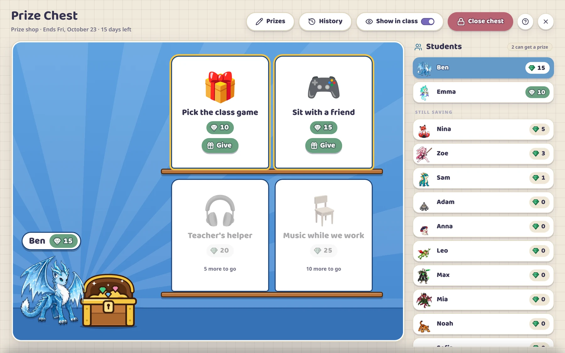 The Prize Chest window: prizes on shelves, Ben with 15 gems next to the chest, and the list of students with their gems on the right