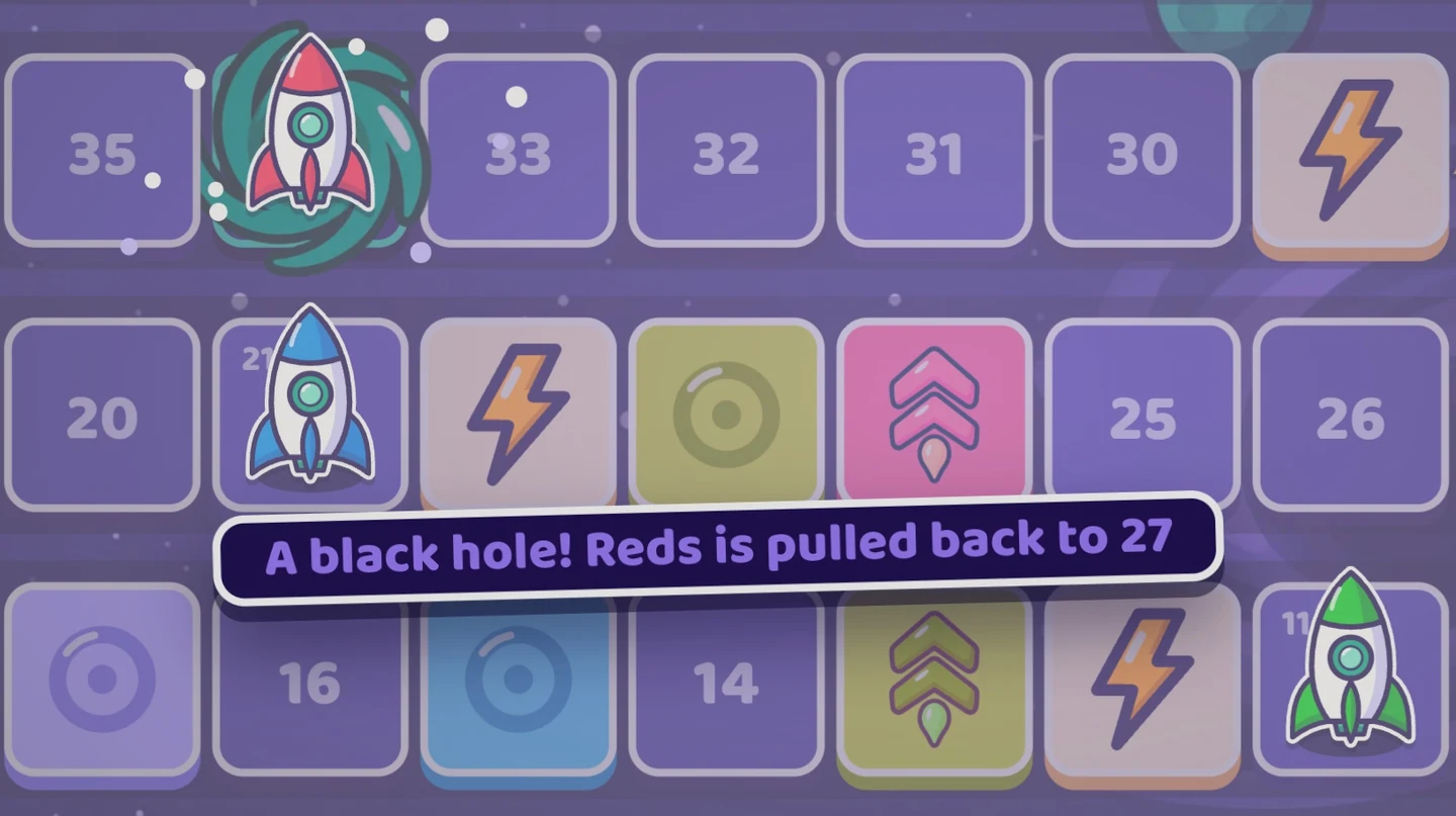 The red rocket stands on the teal black hole as the board dims, over the words A black hole! Reds is pulled back to 27