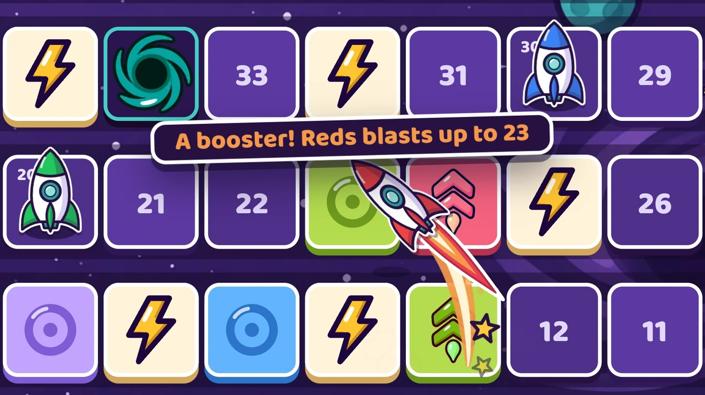 The red rocket flies from the green booster up to the green ring, under the words A booster! Reds blasts up to 23