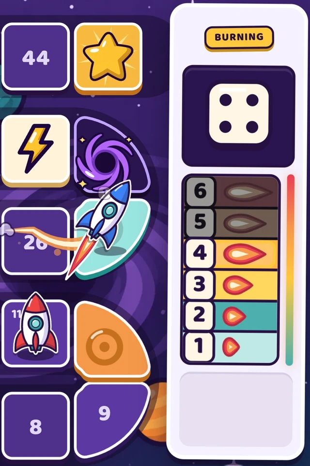 The die shows four, the bars under it are lit up to four, and the blue rocket flies round a turn of the road