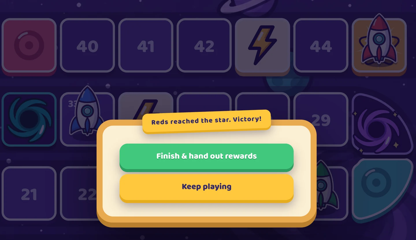 The red rocket stands on the star, and a card reads Reds reached the star. Victory! with the buttons Finish & hand out rewards and Keep playing