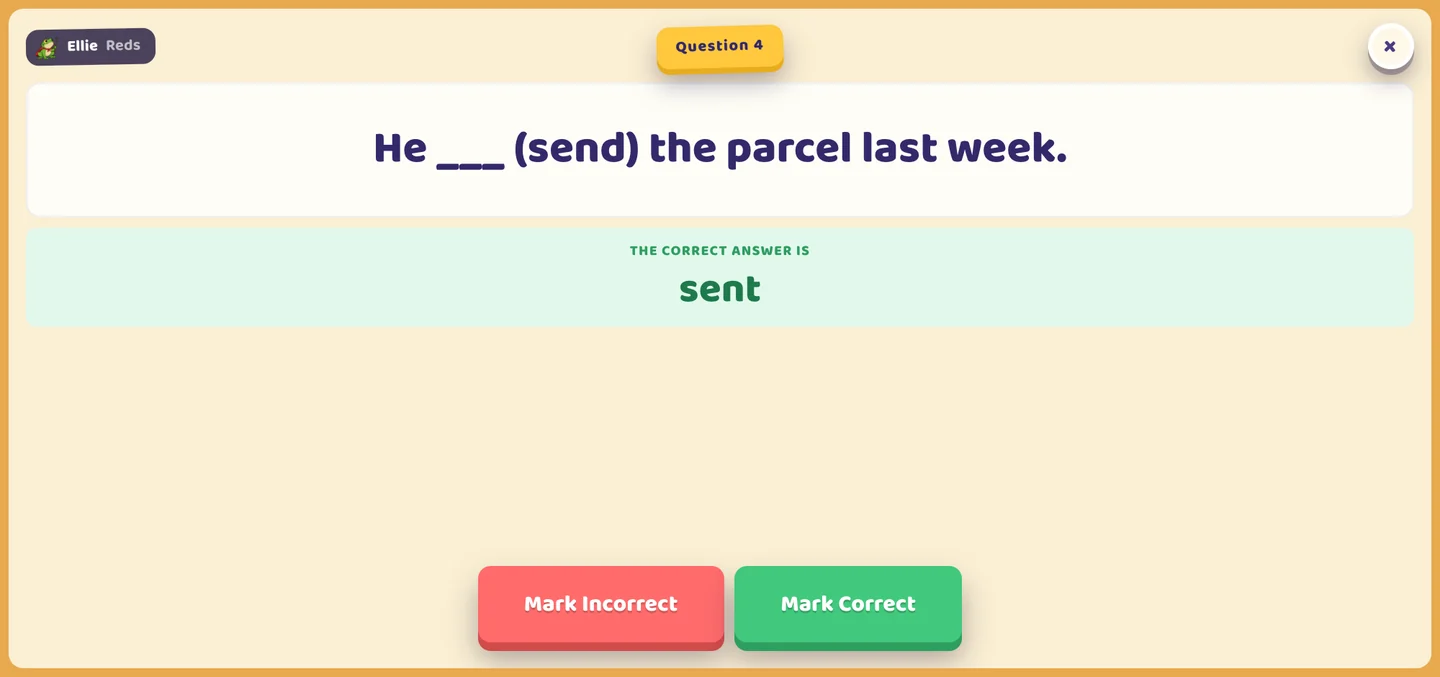 Question 4 for Ellie of the Reds, with the correct answer shown and the buttons Mark Incorrect and Mark Correct