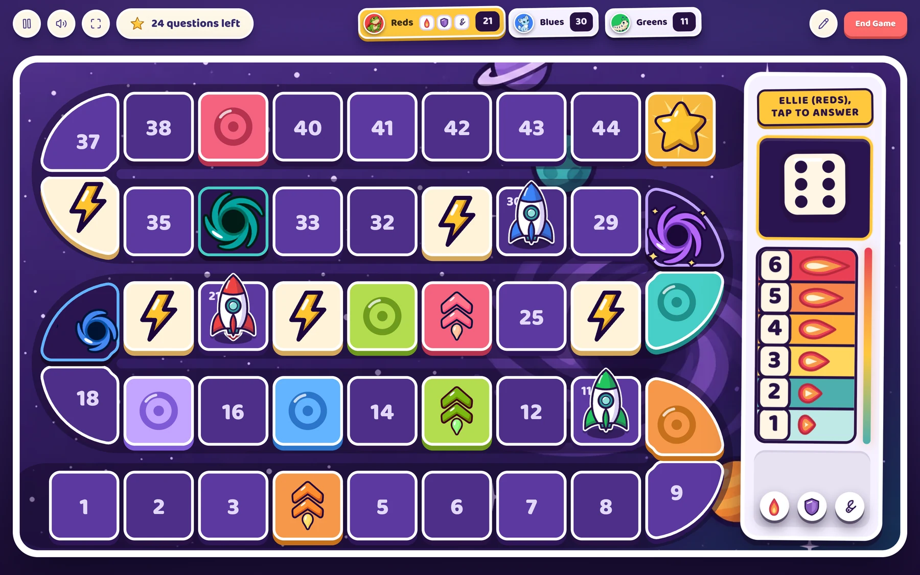 The Rockets & Black Holes screen: three crews in the top bar, a road of numbered cells winding up to a star, a few of the cells light with a lightning bolt, and the die on the right